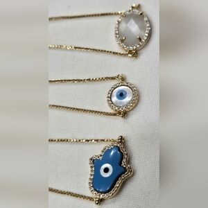 3 Adjustable Gold Tone Evil Eye Hamsa Hand White Crystal Gemstone CZ Bracelets